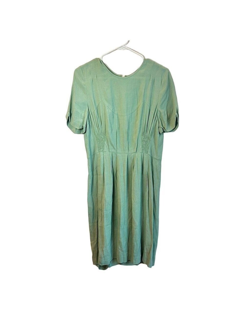 BIMBA Y LOLA Dress Midi Smocked Bodice Short Sleeve Zip Back Sage Green W Medium